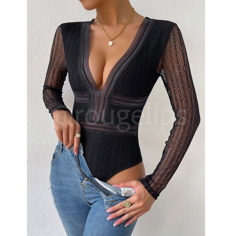 Black Lace Bodysuit Cut Out Back V-Neck Long Sleeve - Picture 7 of 13